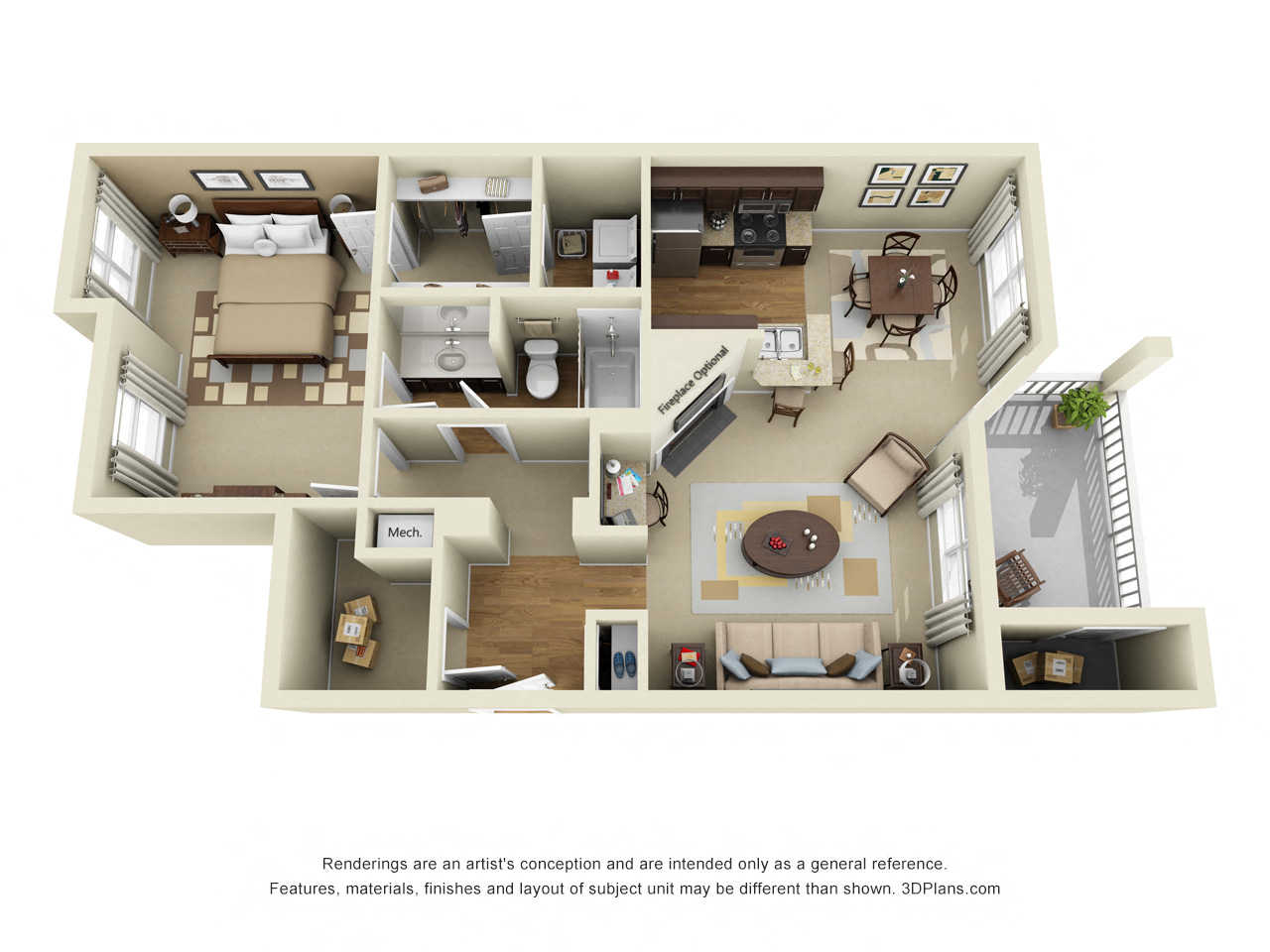 Floor plan for 1 bed, 1 bath, 979 sqft